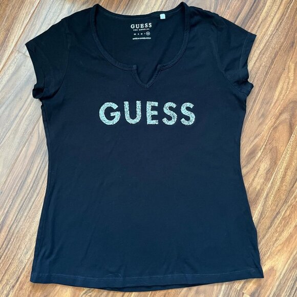 Guess Tops - Guess Sparkle Logo 100% Cotton Notch V-Neck Tee Black XL